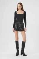 Women's Belted Faux Croc Paperbag Shorts in Black Medium