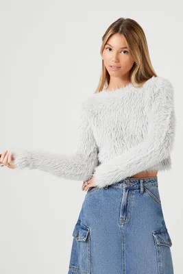 Women's Shaggy Faux Fur Sweater in Silver Medium