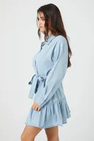 Women's Denim Tie-Front Mini Shirt Dress in Light Denim Large