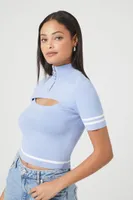 Women's Sweater-Knit Cutout Crop Top in Baby Blue/Vanilla Medium