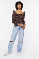 Women's Speckled Print Trumpet-Sleeve Top in Brown/Ivory Small