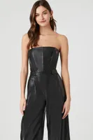 Women's Faux Leather Strapless Jumpsuit in Black, XS