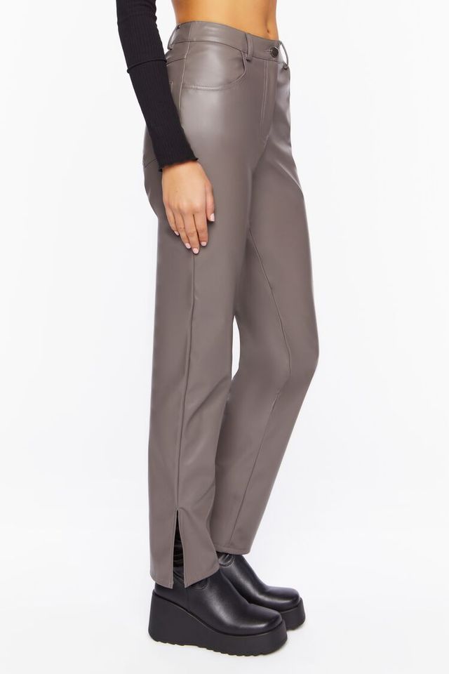 Forever 21 Women's Faux Leather Straight-Leg Pants in Neutral Grey Large