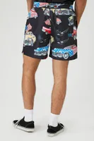 Men American Car Print Swim Trunks in Black Large