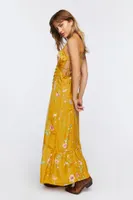 Women's Satin Lace-Trim Midi Dress in Mustard Medium