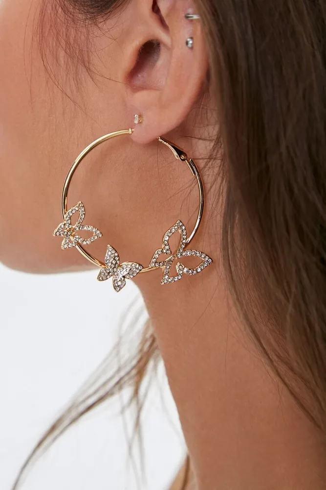 Women's Butterfly Pendant Hoop Earrings in Gold