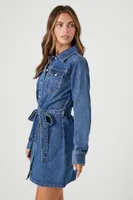 Women's Tie-Front Denim Mini Shirt Dress in Medium Denim Small