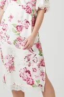 Women's Satin Lace-Trim Floral Midi Dress in Ivory/Pink Small