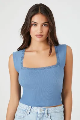 Women's Lace-Trim Sleeveless Crop Top in Dusty Blue Medium