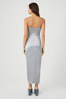 Women's Satin Ruched Midi Dress in Silver Large