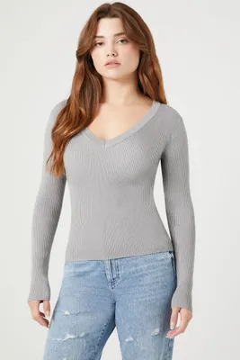 Women's Ribbed V-Neck Sweater Grey