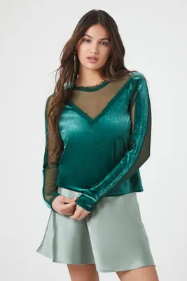 Women's Sheer Lace Velvet Top in Emerald Medium