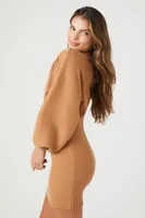 Women's Balloon-Sleeve Mini Sweater Dress in Carob Large