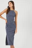 Women's Striped Poplin Midi Dress in Navy, XS