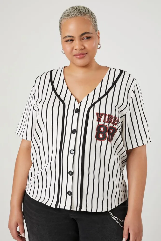 Women's Vibes Baseball Jersey Top in White/Black, 3X