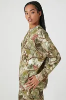 Women's Fleece Leaf Print Pullover in Olive, XS