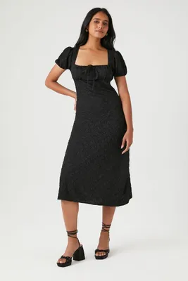 Women's Textured Puff-Sleeve Midi Dress in Black Medium