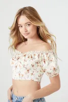 Women's Satin Floral Print Crop Top Cream