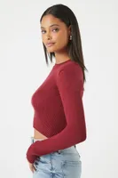 Women's Ribbed Sweater-Knit Crop Top in Wine, XL