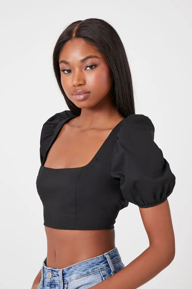 Women's Poplin Cutout Crop Top in Black Large