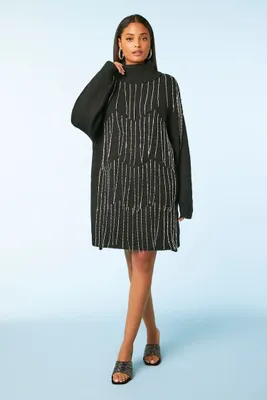 Women's Rhinestone Sweater Mini Dress in Black Large