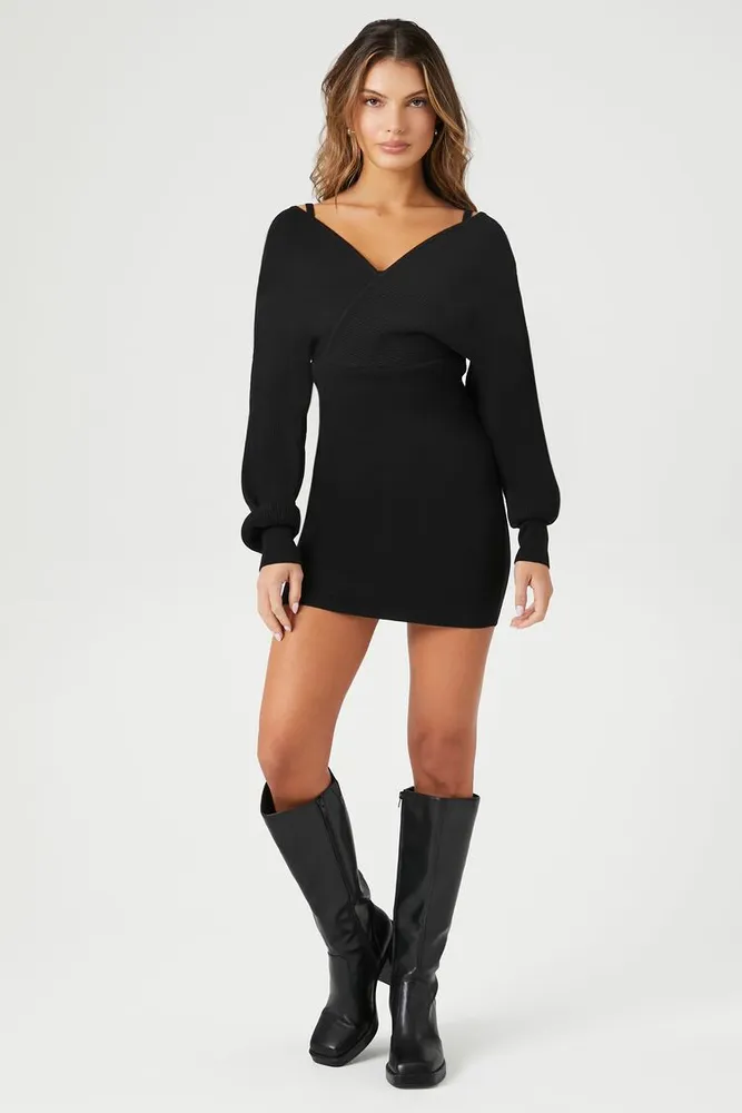 Women's Surplice Mini Sweater Dress in Black Large