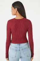 Women's Ribbed Sweater-Knit Crop Top in Wine Large