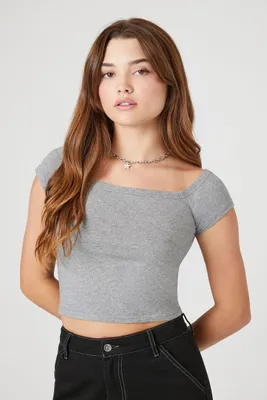 Women's Cotton Off-the-Shoulder Cropped T-Shirt in Heather Grey, XL