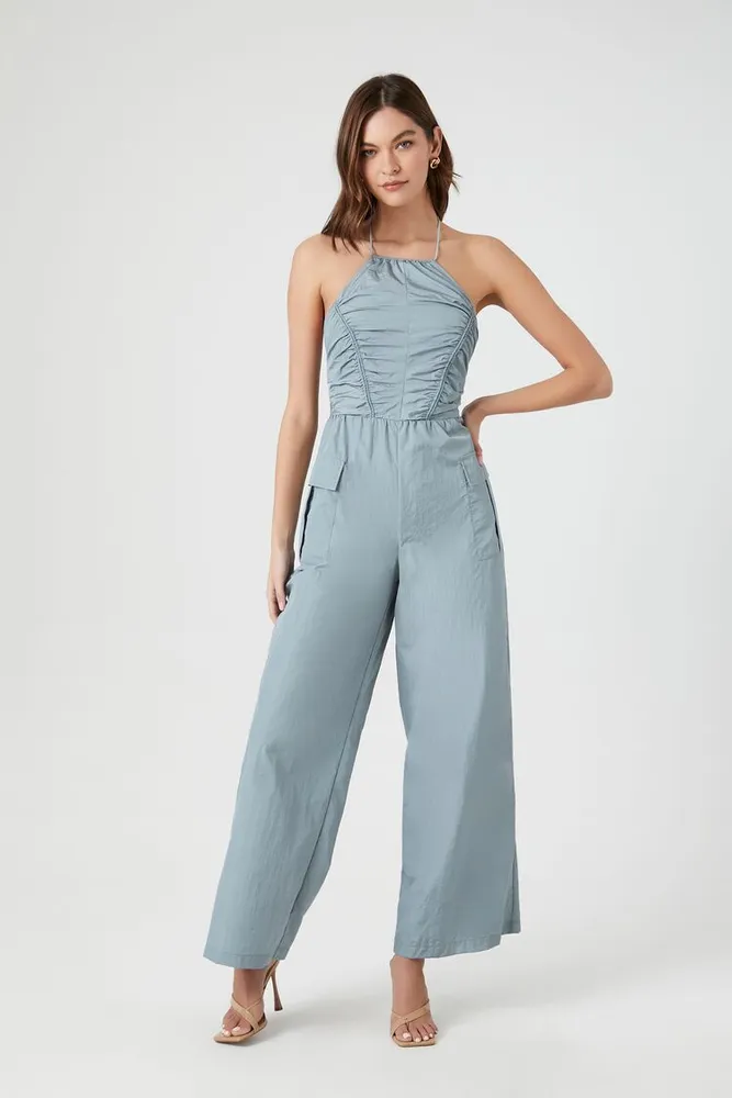 Women's Ruched Halter Wide-Leg Jumpsuit in Teal Large