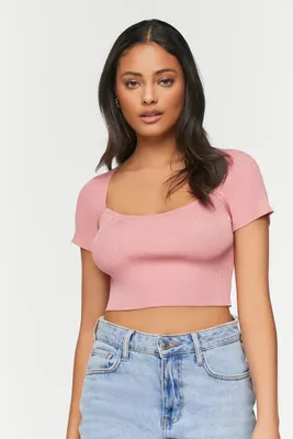 Women's Short-Sleeve Sweater-Knit Crop Top in Rose Small