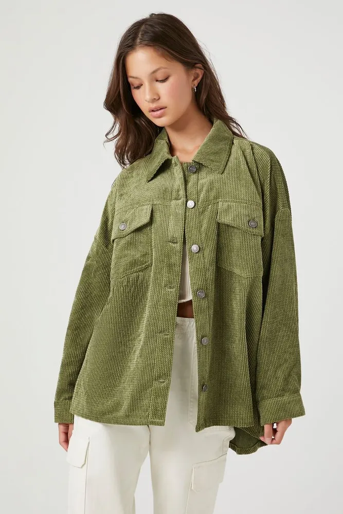 Women's Corduroy Drop-Shoulder Shacket in Olive Large