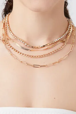 Women's Layered Rhinestone Box Chain Necklace in Gold