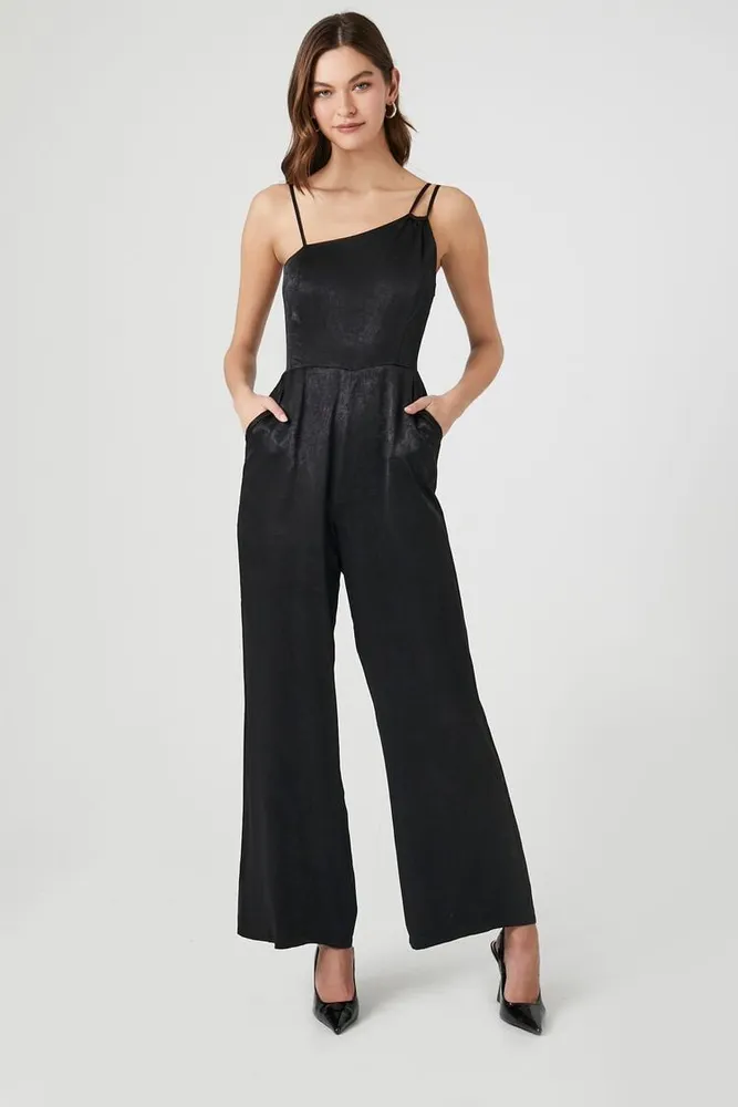 Forever 21 Women's Satin Asymmetrical Jumpsuit in Black, XXL