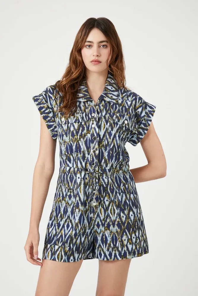 Women's Linen-Blend Geo Print Romper in Navy/White Small