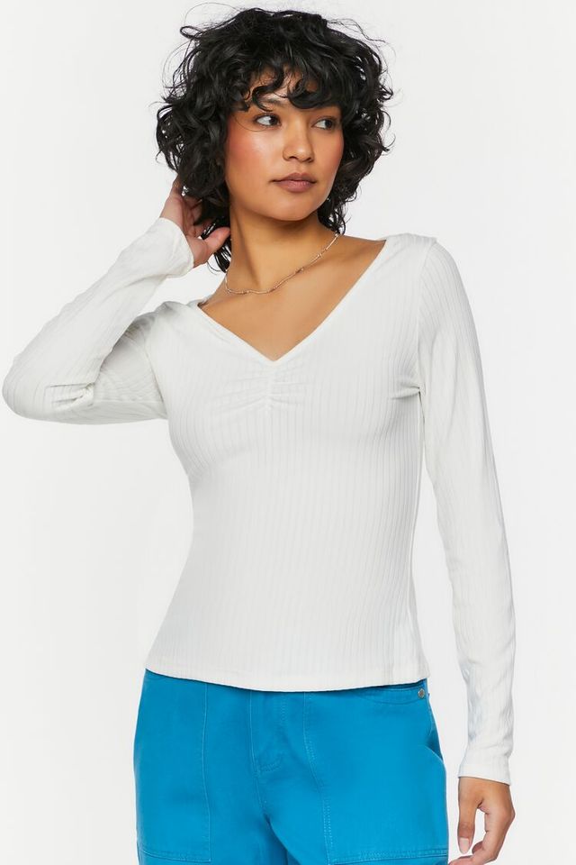 Forever 21 Women's Shirred Long-Sleeve V-Neck Top in White Large