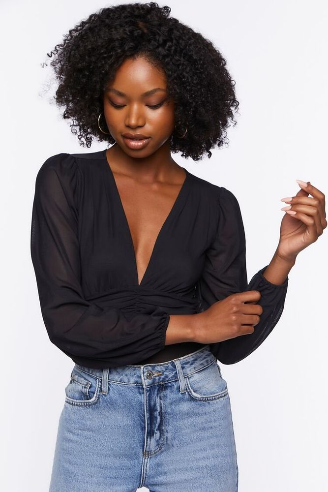 Forever 21 Women's Plunging Peasant Sleeve Bodysuit in Black Small |  Foxvalley Mall