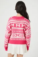 Women's Fair Isle V-Neck Sweater in Pink Large