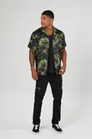 Men Dragon Print Short-Sleeve Shirt in Black/Yellow Medium