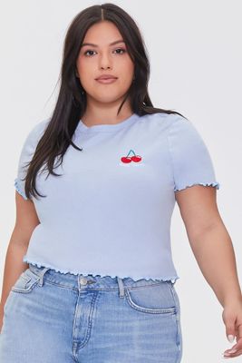 Women's Cherry Graphic Cropped T-Shirt in Blue, 1X