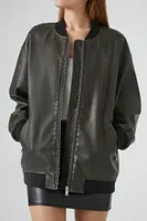 Women's Faux Leather Longline Bomber Jacket in Charcoal Large