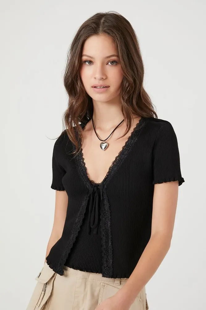 Women's Lace-Trim Sweater-Knit Top in Black Small