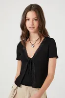 Women's Lace-Trim Sweater-Knit Top in Black Small