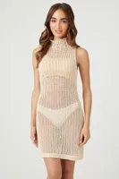 Women's Sheer Crochet Mini Dress in Natural, XL