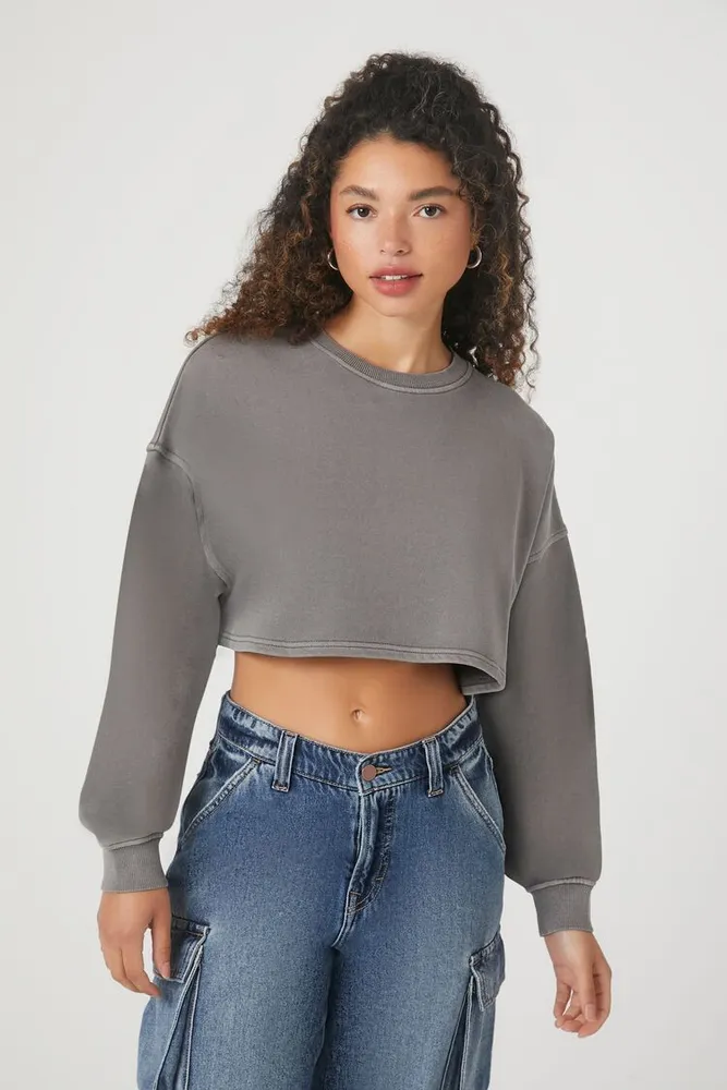 Women's Cropped French Terry Pullover in Charcoal Small