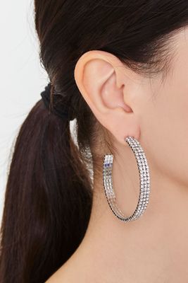 Women Rhinestone Open-End Hoop Earrings in Silver/Clear
