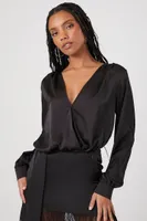 Women's Satin Surplice Bodysuit in Black, XS