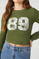 Women's Ribbed Knit 89 Graphic T-Shirt in Olive Medium