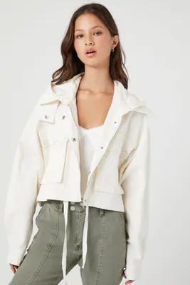 Women's Hooded Drawstring Twill Jacket in Ivory Small