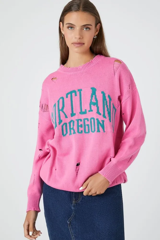 Women's Distressed Portland Oregon Graphic Pullover in Pink/Green Small