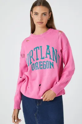 Women's Distressed Portland Oregon Graphic Pullover in Pink/Green Small